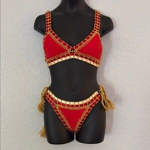 Red and Gold Crochet Bikini Set
